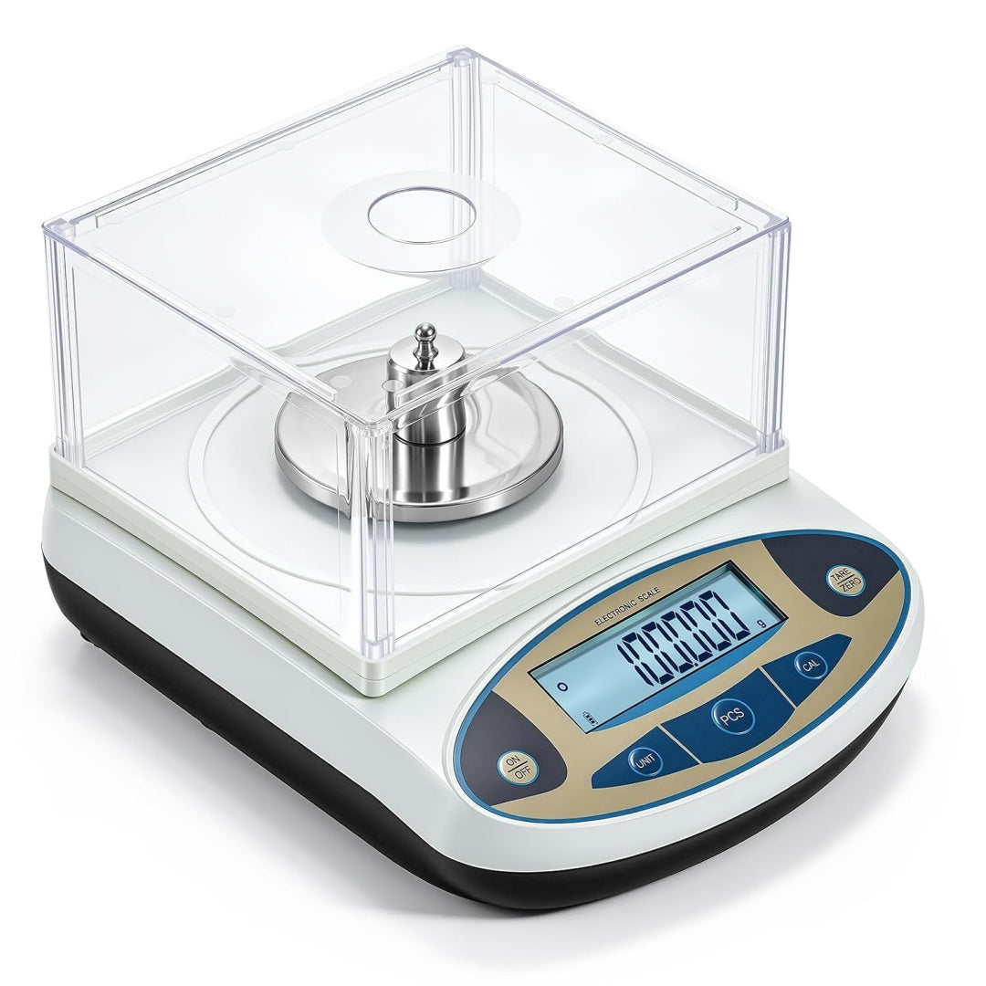 Una base per pesate di laboratorio con elementi in acciaio inox e con funzione di tara